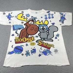 Vintage Wild Oats Rocky & Bullwinkle Shirt Mens XL White Moose Squirrel Tee 90s